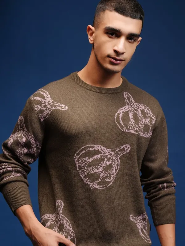 Highlander Men Brown Round Neck Pullover Sweater