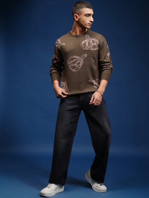 Highlander Men Brown Round Neck Pullover Sweater