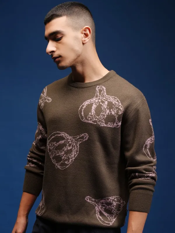 Highlander Men Brown Round Neck Pullover Sweater