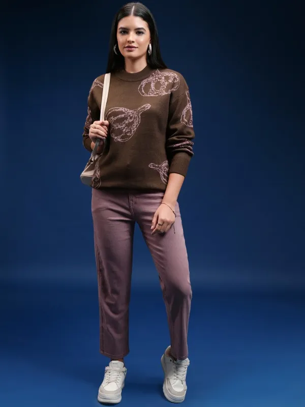 Tokyo Talkies Women Purple Round Neck Sweater