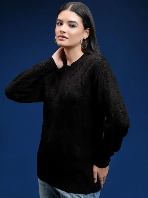 Tokyo Talkies Women Black Round Neck Sweater