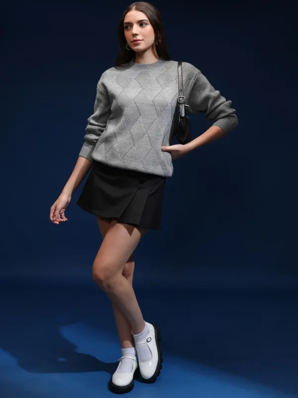 Tokyo Talkies Women Grey Round Neck Sweater