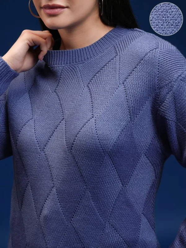 Tokyo Talkies Women Blue Round Neck Sweater