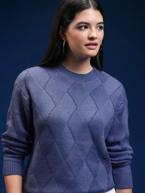 Tokyo Talkies Women Blue Round Neck Sweater