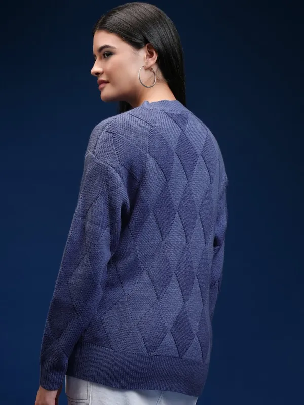 Tokyo Talkies Women Blue Round Neck Sweater