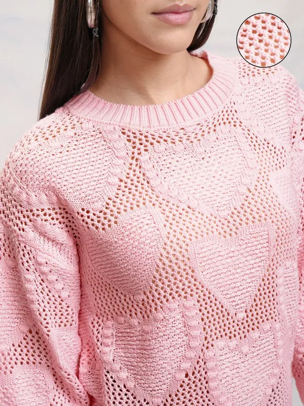 Tokyo Talkies Women Pink Round Neck Sweater