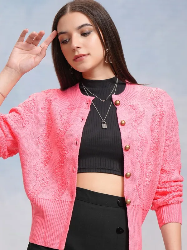 Tokyo Talkies Women Pink Round Neck Sweater