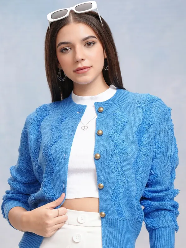 Tokyo Talkies Women Blue Round Neck Sweater