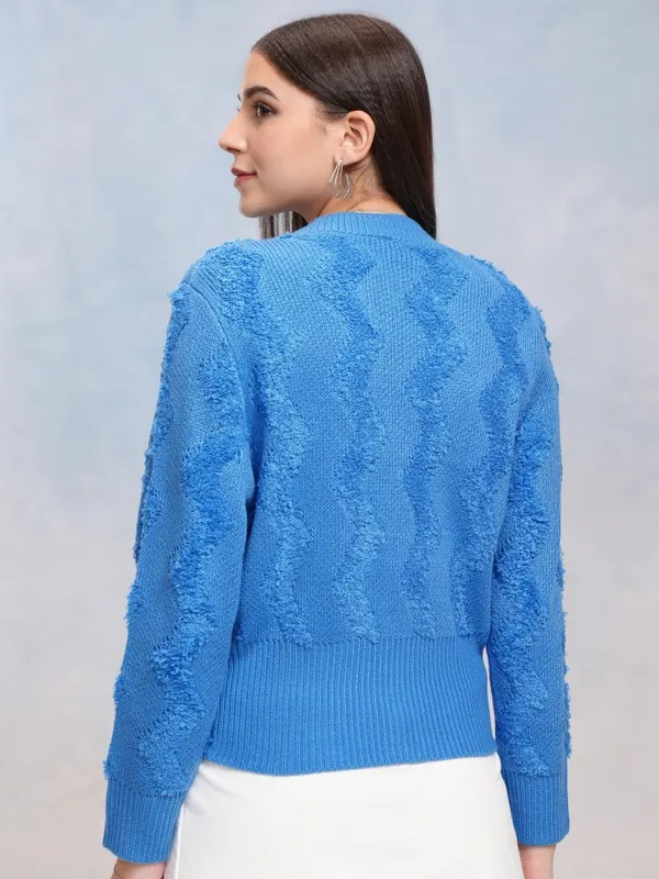 Tokyo Talkies Women Blue Round Neck Sweater