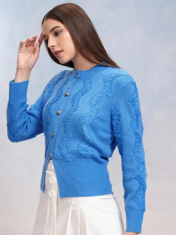 Tokyo Talkies Women Blue Round Neck Sweater