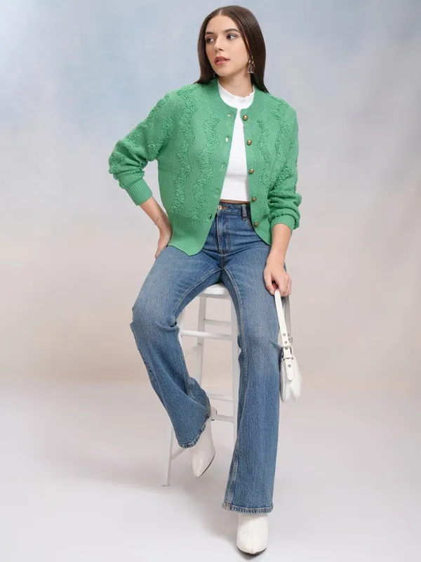 Tokyo Talkies Women Green Round Neck Sweater