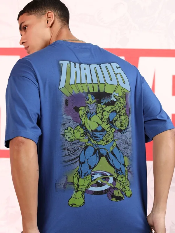 Marvel By Highlander Men Blue Thanos Printed Oversized Fit T-Shirt