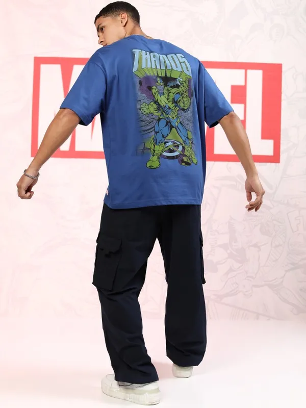 Marvel By Highlander Men Blue Thanos Printed Oversized Fit T-Shirt