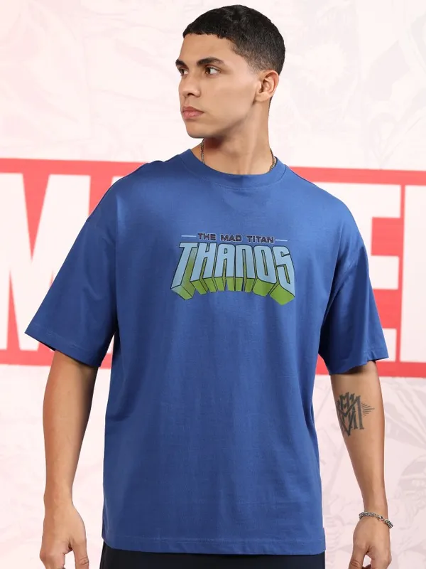 Marvel By Highlander Men Blue Thanos Printed Oversized Fit T-Shirt