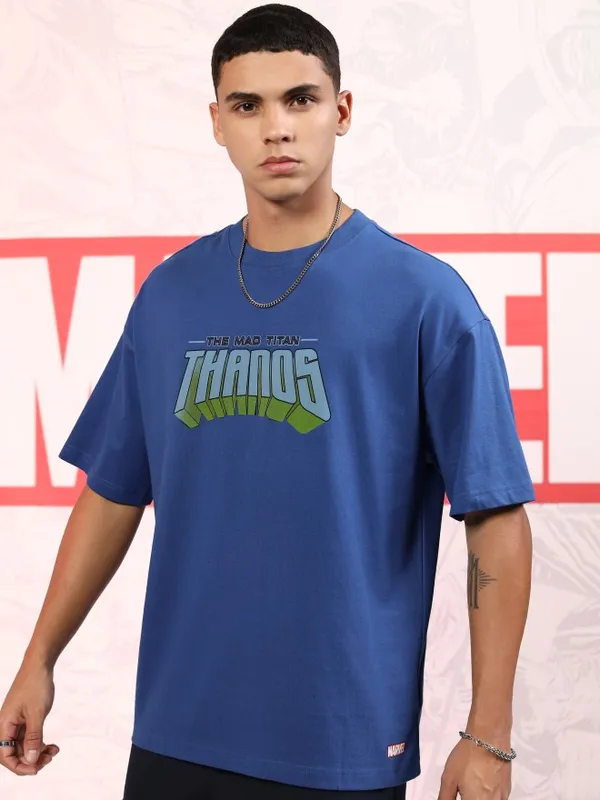 Marvel By Highlander Men Blue Thanos Printed Oversized Fit T-Shirt