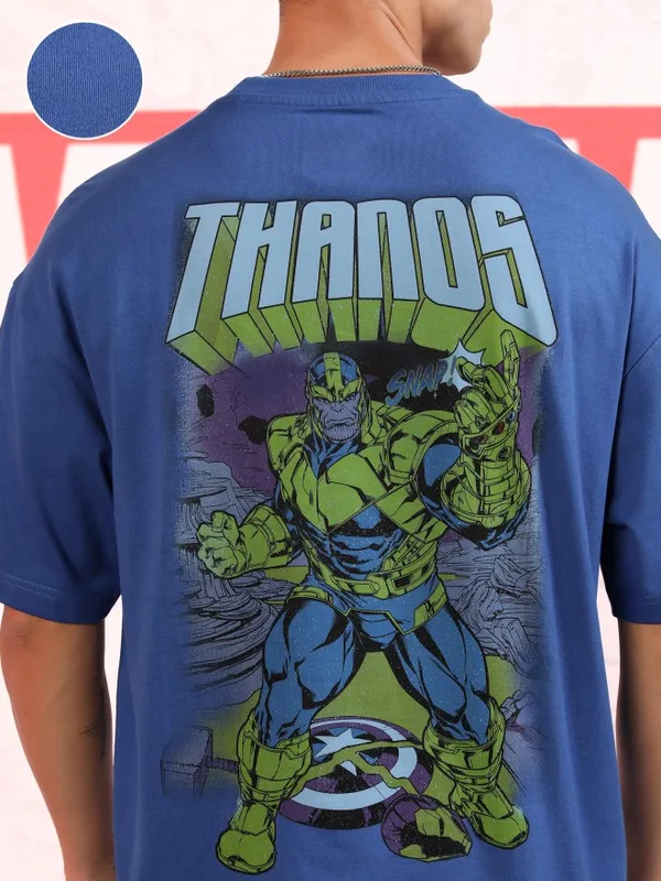 Marvel By Highlander Men Blue Thanos Printed Oversized Fit T-Shirt