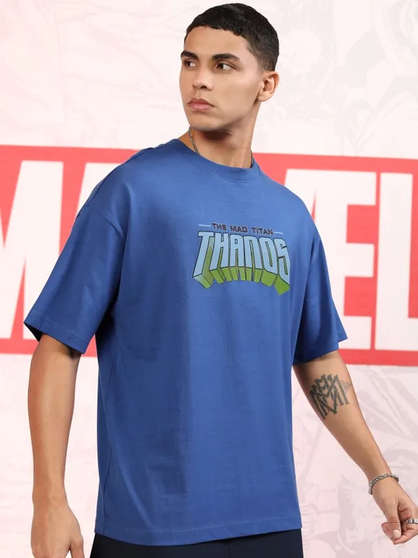 Marvel By Highlander Men Blue Thanos Printed Oversized Fit T-Shirt