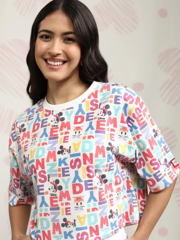 Disney By Tokyo Talkies Women White Mickey Mouse Printed Round Neck T-Shirt