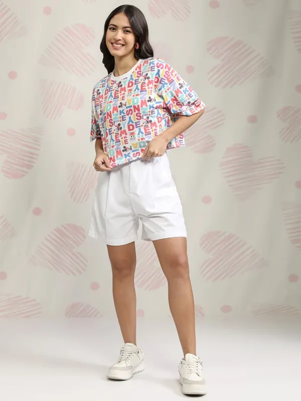 Disney By Tokyo Talkies Women White Mickey Mouse Printed Round Neck T-Shirt