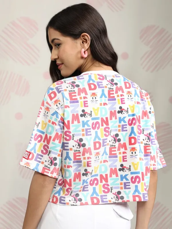 Disney By Tokyo Talkies Women White Mickey Mouse Printed Round Neck T-Shirt