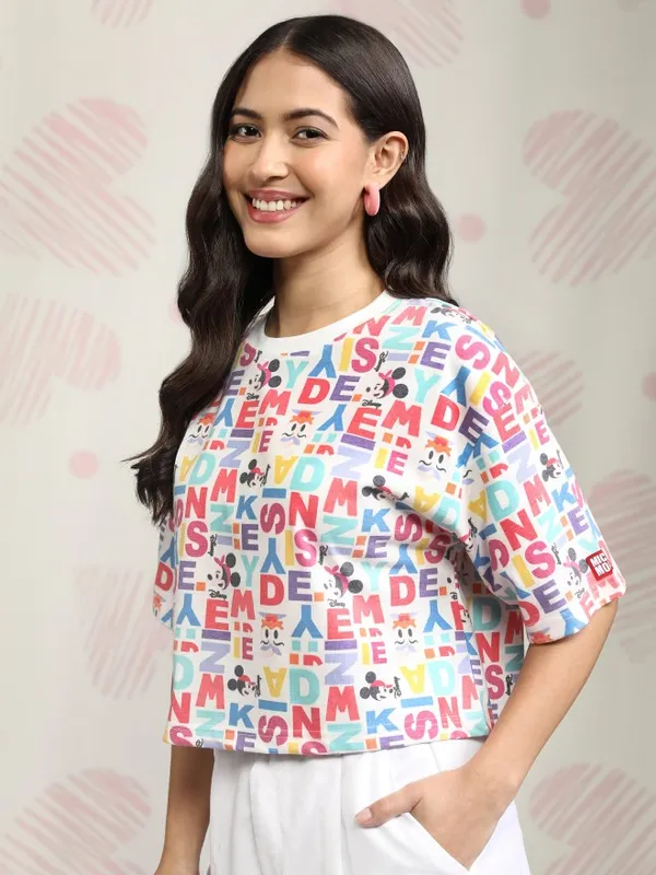 Disney By Tokyo Talkies Women White Mickey Mouse Printed Round Neck T-Shirt