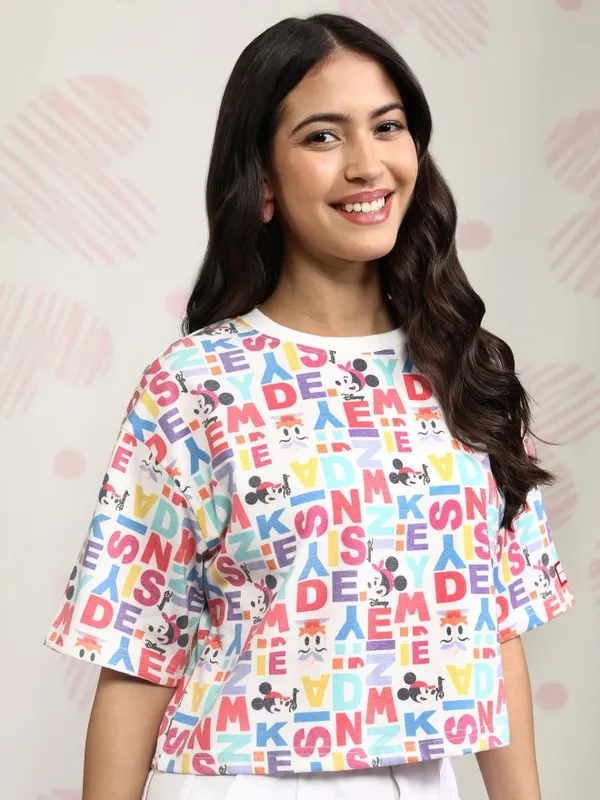 Disney By Tokyo Talkies Women White Mickey Mouse Printed Round Neck T-Shirt