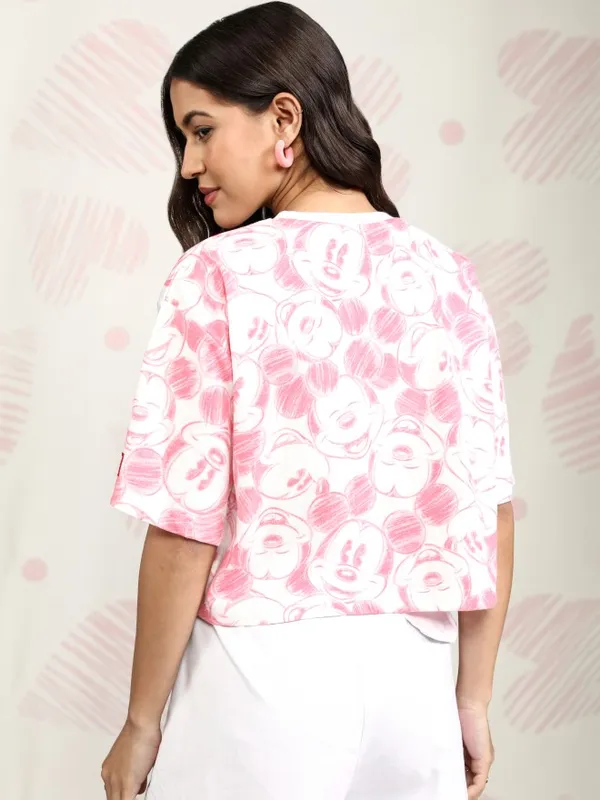 Disney By Tokyo Talkies Women Pink Mickey Mouse Printed Round Neck T-Shirt