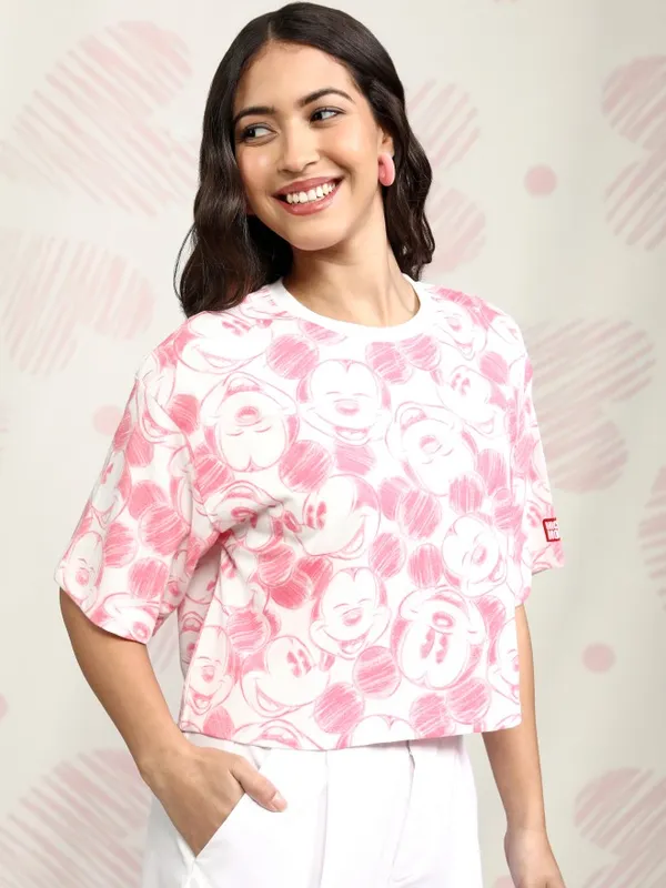 Disney By Tokyo Talkies Women Pink Mickey Mouse Printed Round Neck T-Shirt