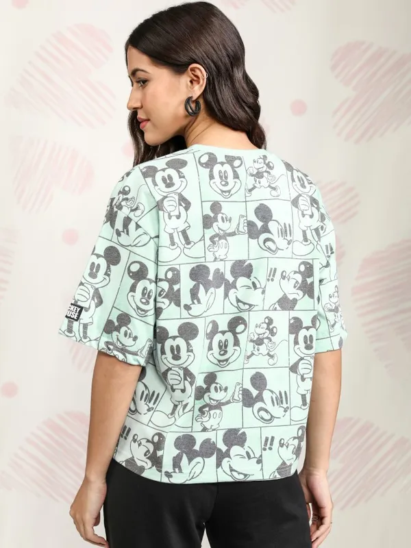 Disney By Tokyo Talkies Women Green Mickey Mouse Printed Round Neck T-Shirt