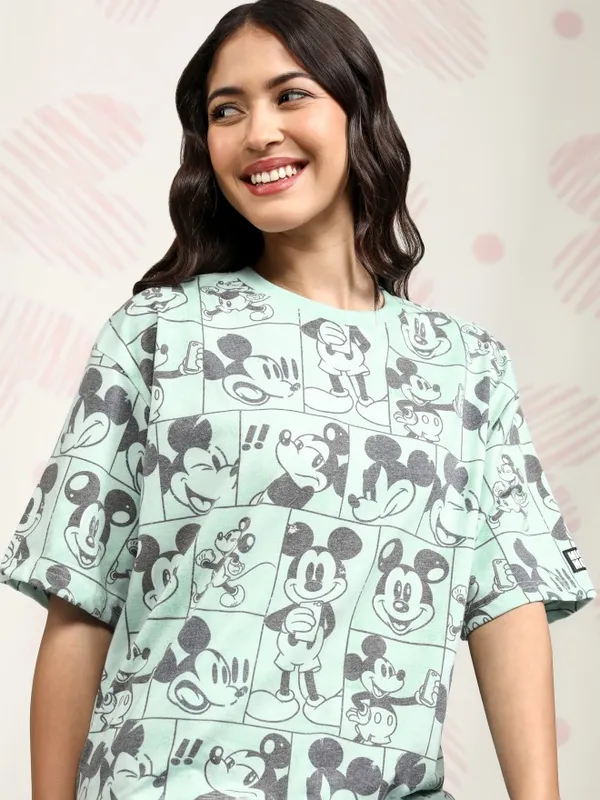 Disney By Tokyo Talkies Women Green Mickey Mouse Printed Round Neck T-Shirt