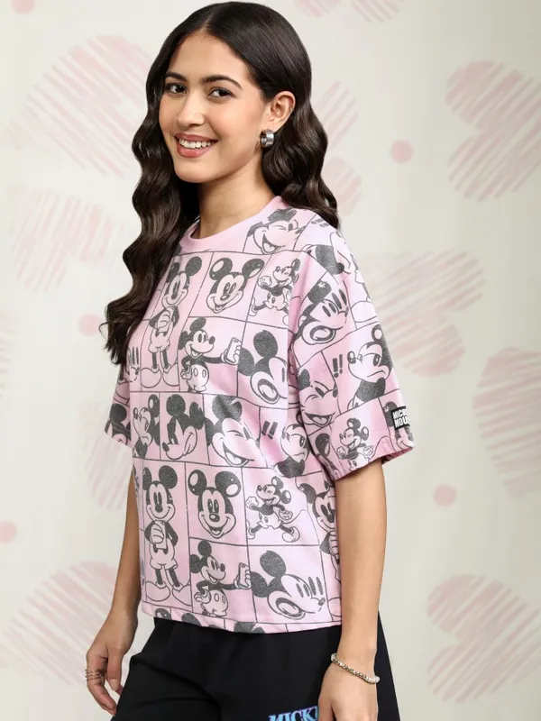 Disney By Tokyo Talkies Women Pink Mickey Mouse Printed Round Neck T-Shirt
