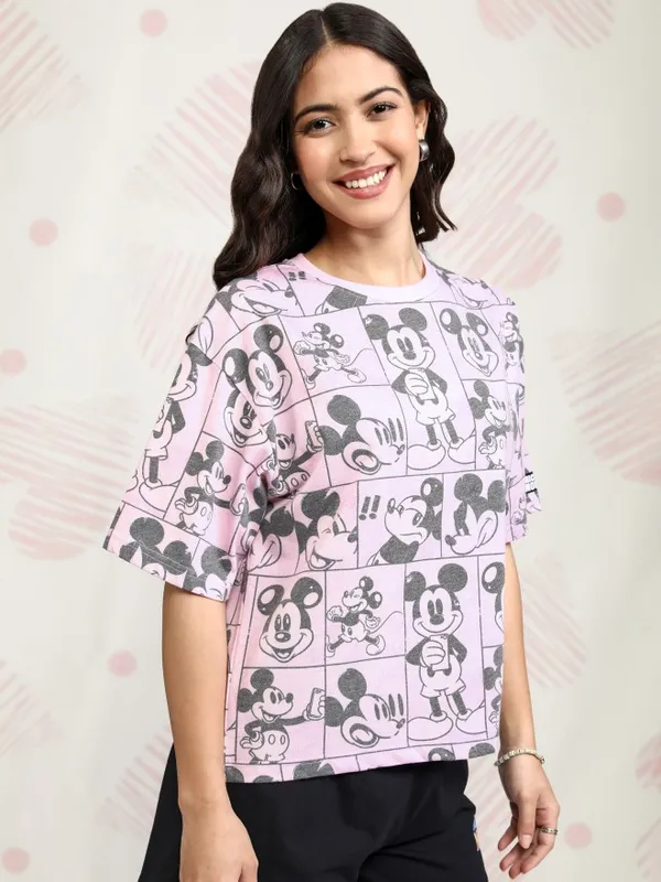 Disney By Tokyo Talkies Women Pink Mickey Mouse Printed Round Neck T-Shirt