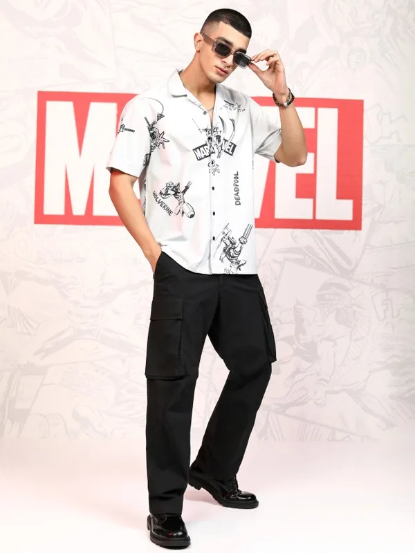 Marvel By Highlander Men Grey Deadpool And Wolverine Printed Relaxed Fit Casual Shirt