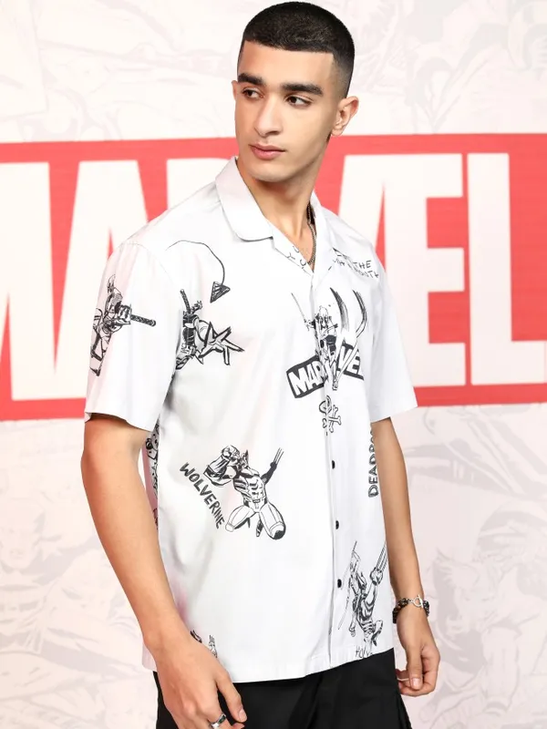 Marvel By Highlander Men Grey Deadpool And Wolverine Printed Relaxed Fit Casual Shirt