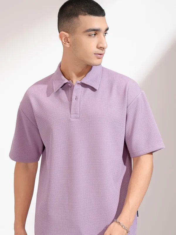 Highlander Men Mauve Self Design Polo Collar T-Shirt