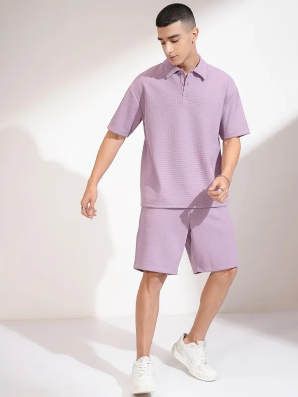 Highlander Men Mauve Self Design Polo Collar T-Shirt