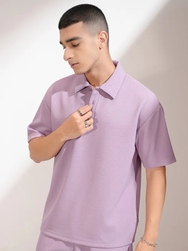Highlander Men Mauve Self Design Polo Collar T-Shirt