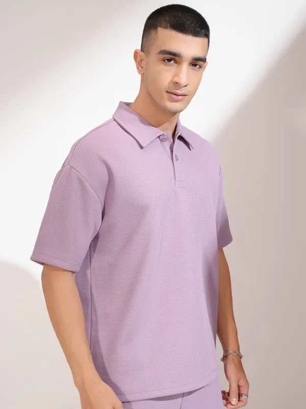 Highlander Men Mauve Self Design Polo Collar T-Shirt