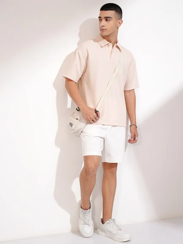 Highlander Men Peach Self Design Polo Collar T-Shirt