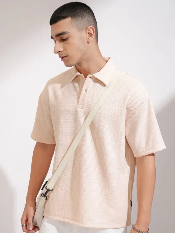 Highlander Men Peach Self Design Polo Collar T-Shirt