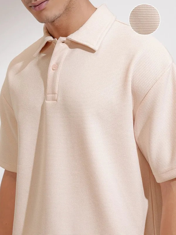 Highlander Men Peach Self Design Polo Collar T-Shirt