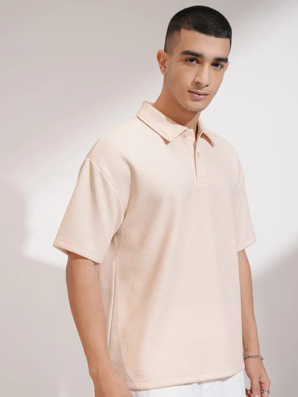Highlander Men Peach Self Design Polo Collar T-Shirt