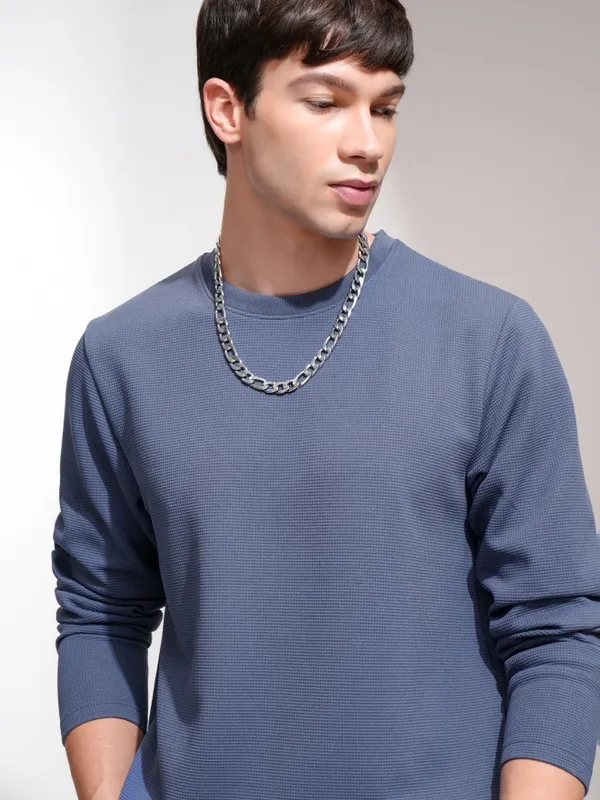 Highlander Men Blue Self Design Round Neck Relaxed Fit T-Shirt