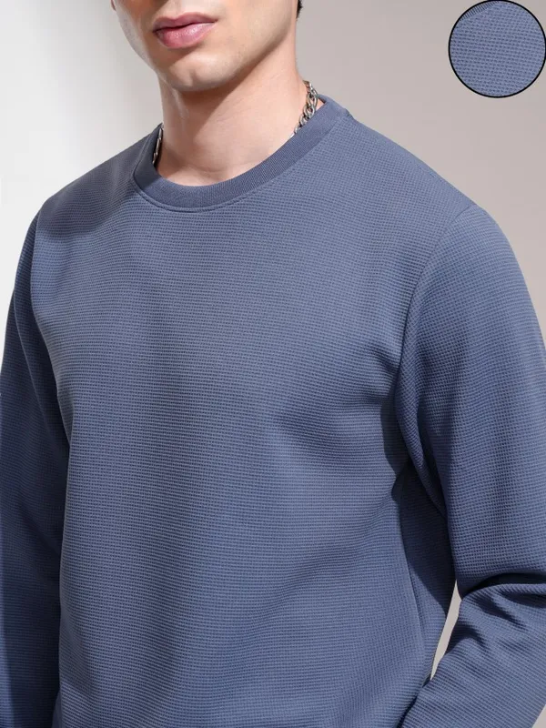 Highlander Men Blue Self Design Round Neck Relaxed Fit T-Shirt