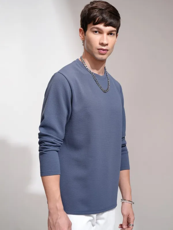 Highlander Men Blue Self Design Round Neck Relaxed Fit T-Shirt