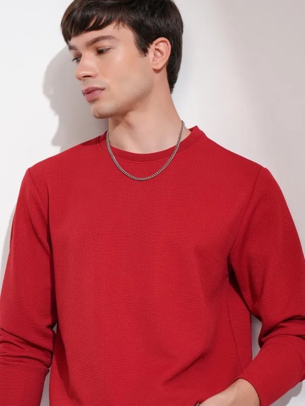 Highlander Men Maroon Self Design Round Neck Relaxed Fit T-Shirt