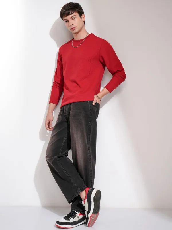 Highlander Men Maroon Self Design Round Neck Relaxed Fit T-Shirt