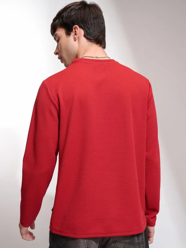 Highlander Men Maroon Self Design Round Neck Relaxed Fit T-Shirt