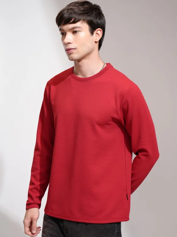 Highlander Men Maroon Self Design Round Neck Relaxed Fit T-Shirt