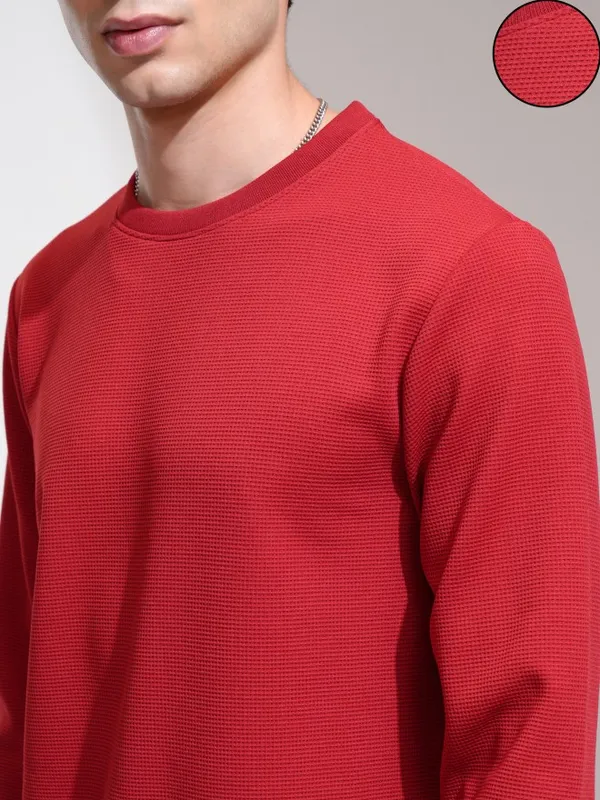 Highlander Men Maroon Self Design Round Neck Relaxed Fit T-Shirt